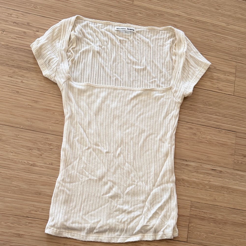 Reformation Cream Ribbed Square Neck Short Sleeve Top